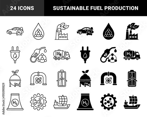Green hydrogen energy and sustainable fuel production icons featuring hybrid symbols of renewable power plants carbon capture and eco friendly transport