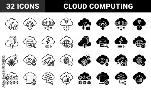 Cloud computing data management and security hybrid symbols featuring dual line and solid glyph styles for network infrastructure and digital storage