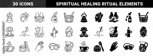 Wellness and Holistic Spa Therapy Icons Featuring Hybrid Symbols of Zen Meditation Beauty Treatments and Organic Self Care Rituals in Dual Line and Solid Styles