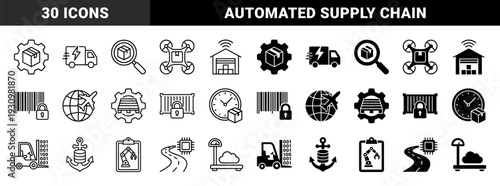 Logistics and supply chain management icons featuring hybrid designs merging industrial machinery with digital data and global shipping symbols