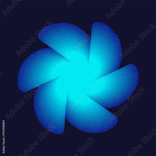 Wrapped abstract smooth Shape with noise. Ventilator, fan, Swirl. Gradient blue geometric Figure. Granular texture. Modern design element for backdrop. Isolated on dark background. Vector illustration