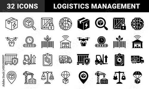 Logistics and supply chain management icons featuring hybrid symbols like drone delivery warehouse automation and global shipping tracking metaphors