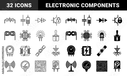 Hybrid Electronic Component Symbols Merging Technical Circuitry with Organic Concepts Including Brain Processor and Rooted Grounding Line Art