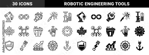 Industrial engineering and manufacturing hybrid icons featuring robotic arms with lightbulbs welding sparks and circuit integrated maple leaf designs