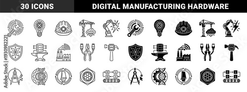 Industrial technology hybrid icons featuring mechanical tools merged with digital circuits hardware components and manufacturing automation symbols