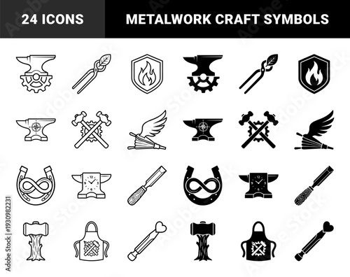 Black and white blacksmith symbols merging traditional ironwork tools with conceptual elements like gears clocks and wings for craft and industry branding