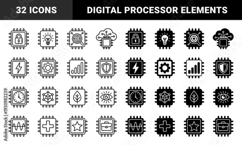 Hybrid microchip conceptual symbols merging semiconductor hardware with security locks lightbulbs energy lightning bolts shields and nature leaves