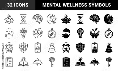 Mindfulness and Personal Growth Concept Icons Featuring Hybrid Symbolic Mergers of Nature Time and Mental Wellness in Outline and Solid Styles