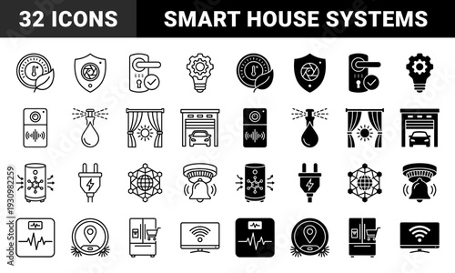Smart home automation symbols featuring hybrid conceptual designs for domestic energy management security systems and intelligent appliance control