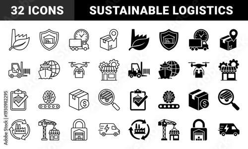 Sustainable logistics and supply chain management icons featuring hybrid symbols of green energy manufacturing warehouse security and global freight transport