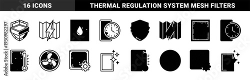 Monochrome industrial filtration and climate control symbols featuring hybrid shield mesh and thermal regulation indicators for HVAC system maintenance