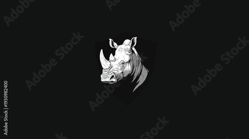 A grayscale illustration featuring a rhino head within a shield shape against a black background