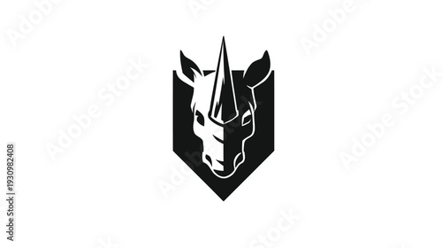 A stylized rhino head logo in black and white, contained within a shield shape