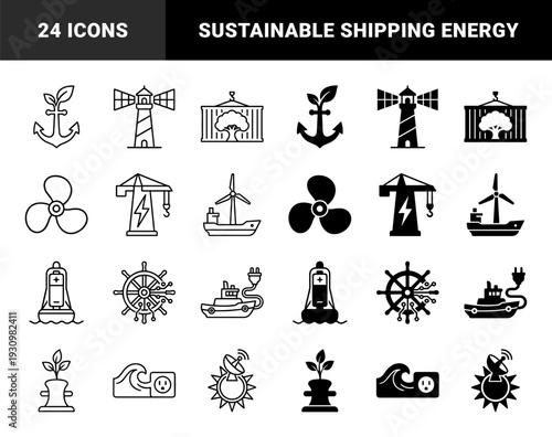 Sustainable maritime industry and green energy icons featuring hybrid designs like anchor sprout lighthouse solar and wind power shipping vessels