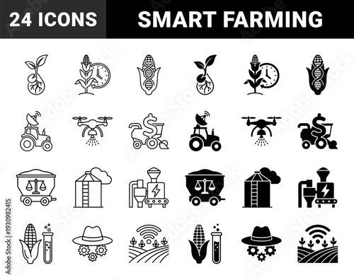 Agriculture technology icons featuring hybrid corn growth cycles smart farming equipment with tractor drones and genetic engineering symbols for precision agribusiness