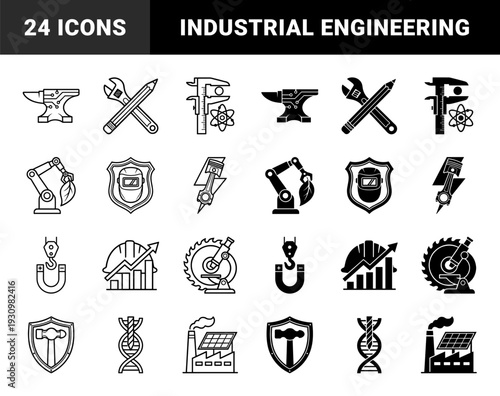 Industrial engineering and manufacturing hybrid symbols featuring anvil circuit boards robotic biology welding shields and scientific measurement tools