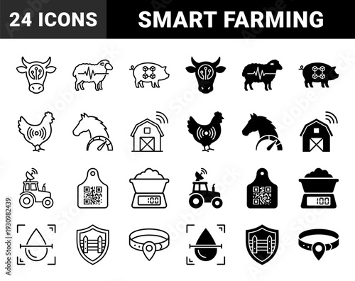 Smart farming and precision agriculture hybrid line and solid glyphs featuring livestock tracking sensors automated machinery and biometric data monitoring