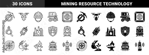 Heavy Industry and Mining Technology Symbols Featuring Hybrid Concepts Like Drone Mineral Transport Electric Dump Truck and Sustainable Excavation Metallurgy