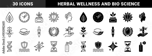 Organic skincare and herbal medicine hybrid icons combining botanical leaves with cosmetic jars lab droppers dna strands and hourglass symbols