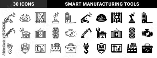 Industrial Smart Logistics and Green Manufacturing Icons Featuring Hybrid Symbols of Sustainable Energy Infrastructure and Automated Construction Equipment