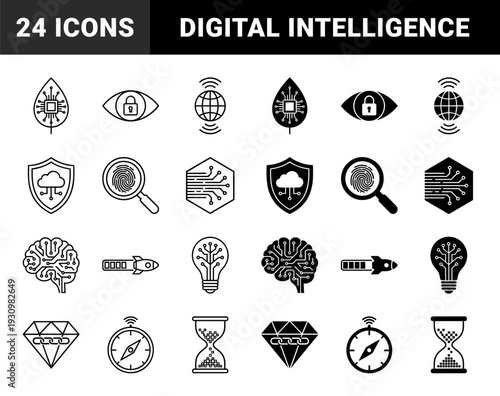 Hybrid technology and nature icons featuring circuit leaf brain and biometric data symbols in line and solid styles for digital transformation