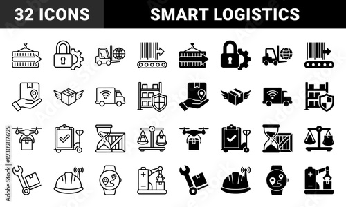 Smart Logistics and Industrial Automation Hybrid Icons Featuring Connected Warehouse Equipment Drone Delivery Systems and Intelligent Supply Chain Management Tools
