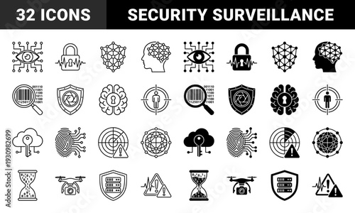 Biometric security and surveillance hybrid icons featuring digital encryption brain patterns forensic fingerprint data and autonomous monitoring drone technology