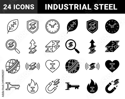 Heavy Industrial Steel Beam Hybrid Icons Merging Structural I-Beam Profiles with Global Logistics Construction and Engineering Metallurgy Symbols