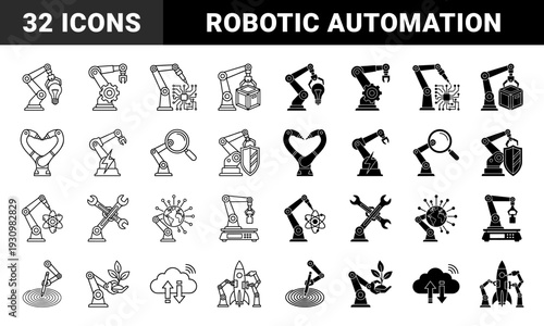 Robotic arm industrial automation hybrid line and solid icons featuring mechanical claws integrating light bulbs gears circuit boards and rockets
