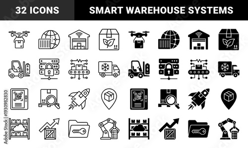 Logistics and supply chain management hybrid icon set featuring smart warehouse technology delivery drones automated robotics and global distribution systems