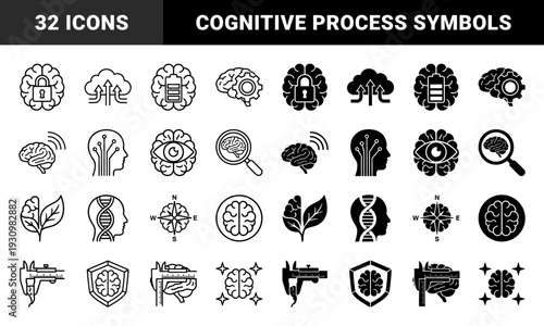 Human brain and cognition hybrid symbols featuring cerebral cortex merged with padlock battery gear magnifying glass dna helix and measurement tools