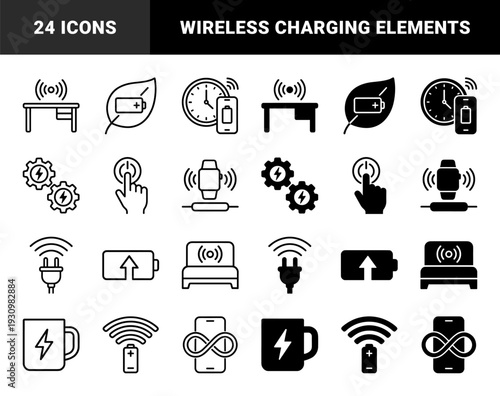 Smart furniture and wireless energy charging symbols featuring hybrid concepts like power mugs powered chairs and induction desks in linear and solid styles