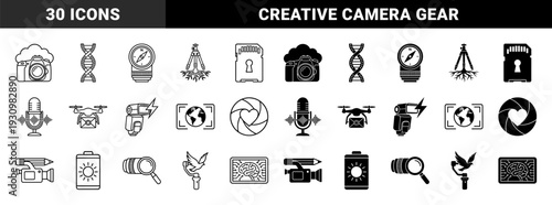 Black and white photography and videography hybrid icons featuring camera cloud dna compass tripod roots memory card microphone and drone symbols