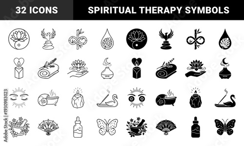 Wellness and holistic therapy hybrid symbol collection featuring zen stone phoenix lotus yin yang bamboo infinity and aromatic spa element combinations