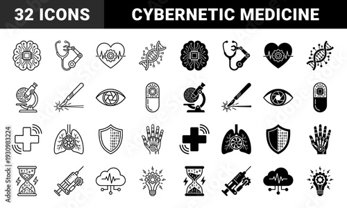 Biotechnology and cybernetic medicine hybrid icons featuring robotic surgical tools neural networks genetic engineering and digital healthcare diagnostic symbols