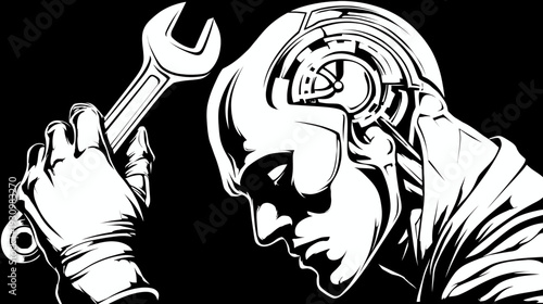 A striking monochrome graphic depicting an android, holding a wrench, with a detailed robotic head