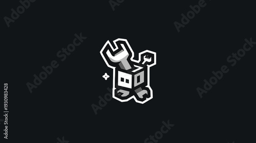 A geometric illustration of a robot with tools. It's a grayscale illustration on a black background