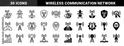 Communication Tower Hybrid Symbols Merging Radio Antennas with Global Logistics Energy Security Finance and Data Transmission Metaphors in Linear and Solid Style