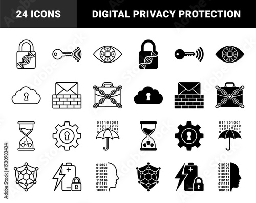 Cybersecurity and digital protection icons featuring hybrid metaphors of biometric locks encrypted clouds and firewall mail security in outline and solid styles
