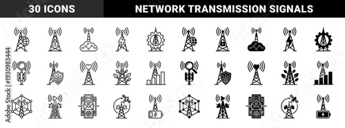 Communication Tower Hybrid Icons Merging Network Transmission With Security Cloud Energy Data And Global Connectivity Symbols In Linear And Solid Styles