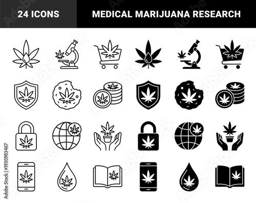 Cannabis industry hybrid symbols featuring marijuana leaf integrated with laboratory microscope commerce cart security shield and eco recycling signs