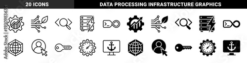 Hybrid digital technology and software engineering symbols featuring circuit leaves server lightning bolts and data encryption keys in outline and solid styles
