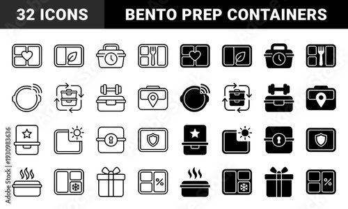 Hybrid food storage and meal preparation line and solid icons featuring smart bento box compartments with integrated tracking and temperature control symbols