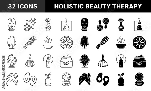 Natural skincare and holistic spa treatment symbols featuring hybrid botanical elements with facial massage tools and organic beauty product containers