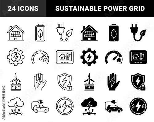 Sustainable energy hybrid icons featuring solar powered homes green battery storage electric vehicle charging and renewable smart grid technology