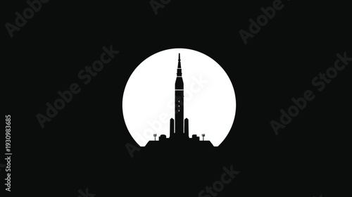 Black and white illustration of a rocket silhouette in front of a white circular shape
