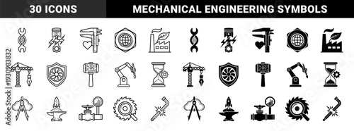 Industrial engineering and manufacturing hybrid icons merging mechanical tools with biological dna energy symbols and precision measurement equipment