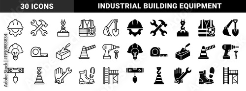Construction industry equipment and safety gear combining heavy machinery symbols with manual hand tools in a dual outline and solid minimalist style