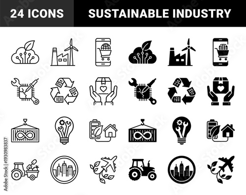 Sustainable industrial logistics and circular economy icons featuring hybrid designs of green energy production with global shipping and smart recycling