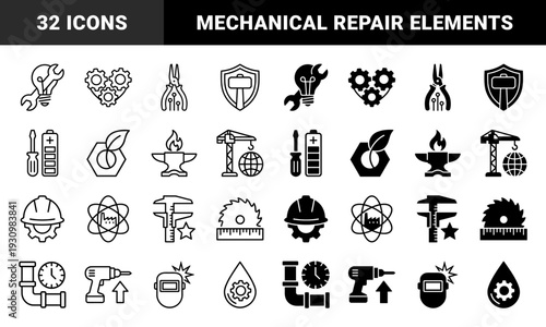 Hybrid industrial manufacturing and repair icons featuring merged symbols like wrench lightbulbs gear hearts and crane globes in outline and solid styles